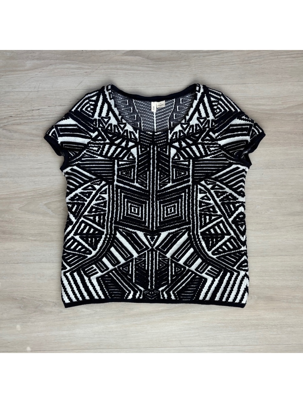 MOTH Anthropologie Womens Medium Black White Geometric Textured Knit Sweater Top